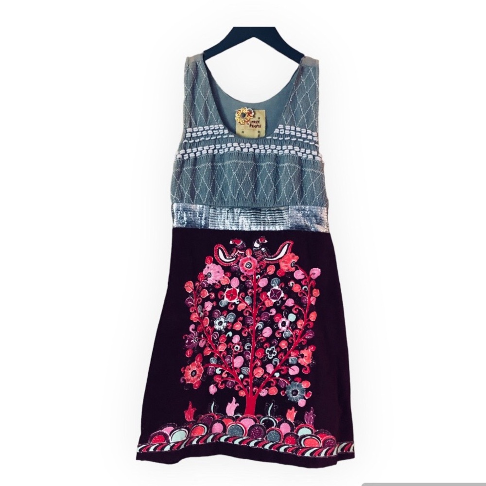 Free People Dress Womens Birds of Paradise Gray Burgundy Velvet Smocked Sz 4